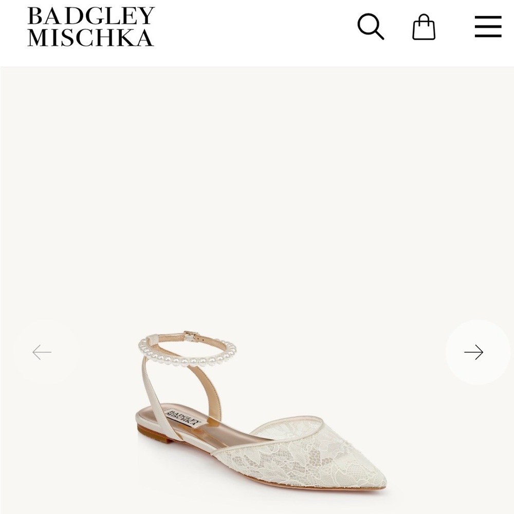 Badgley Mischka Cream Lace Flats with Pearl Ankle Strap